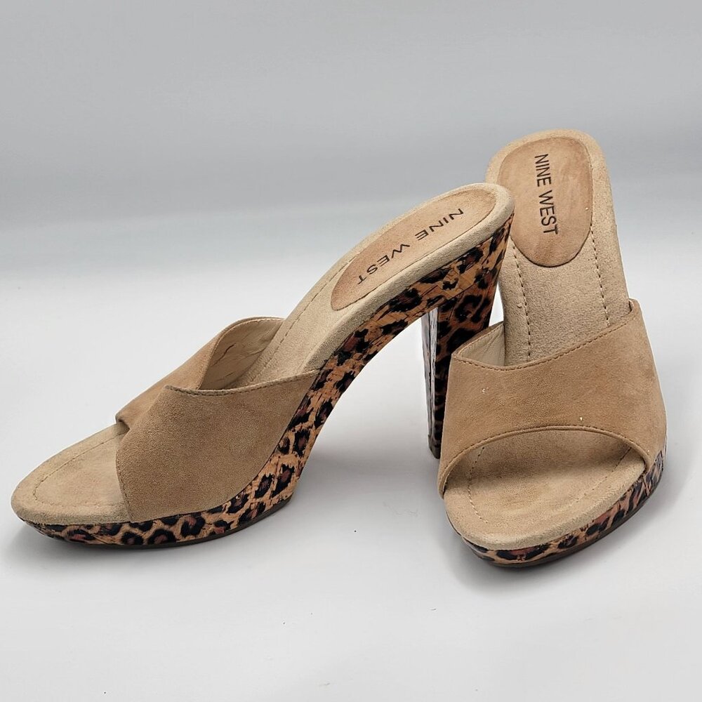 Nine West Leopard Leather Print Heeled Sandals 6M Beige Suede